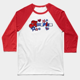 America, Red White and Blue, Stars and Hearts Baseball T-Shirt